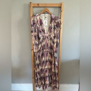 SEA New York Long Midi Multicolor Dress Deep V-Neck Waist Cut-Outs Sz XS NWT